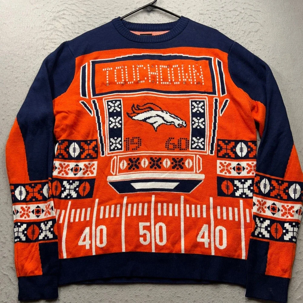 NFL Team Apparel Denver Broncos Light Up Ugly Christmas Sweater Mens L Orange